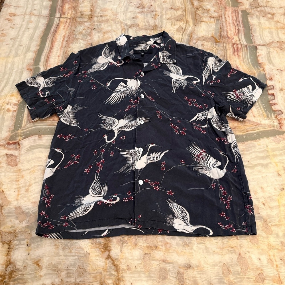 Rag & Bone New York Mens S Crane Bird Floral Print Camp Shirt 100% Cotton